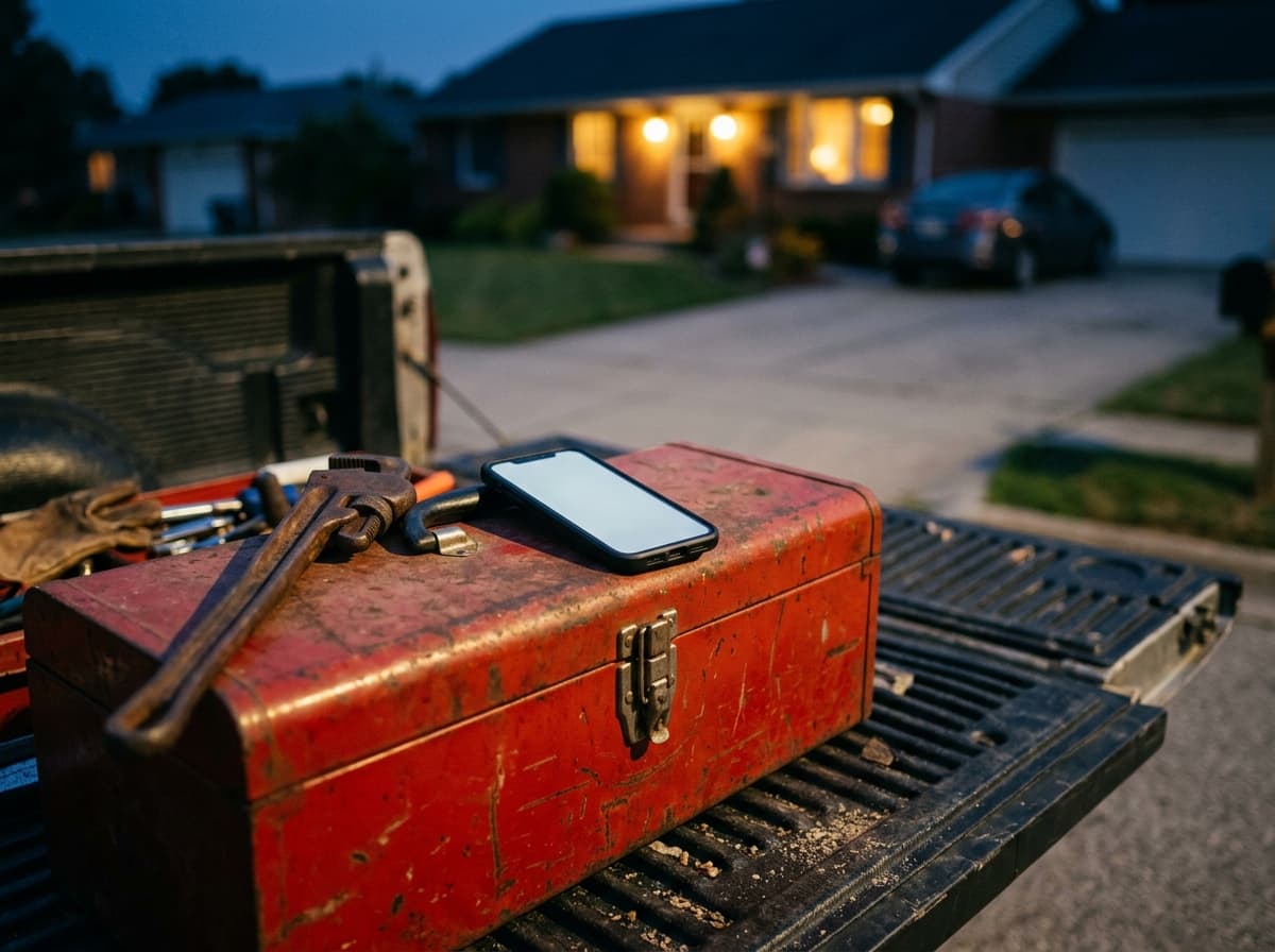 A phone lit up with an incoming call, lying on a toolbox on a truck tailgate outside a customer's house at dusk