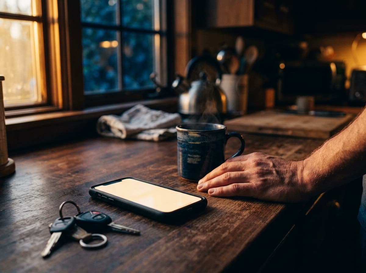 Early morning in a kitchen: a phone glowing on the counter beside a mug of coffee and truck keys